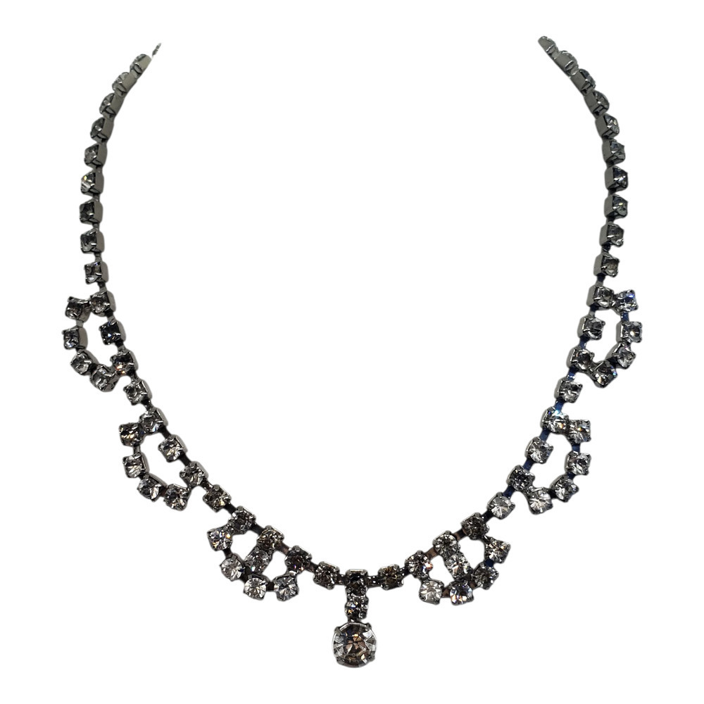 Vintage Rhinestone Necklace Silver Tone Bib Clear Crystal Drop Bridal J Hook